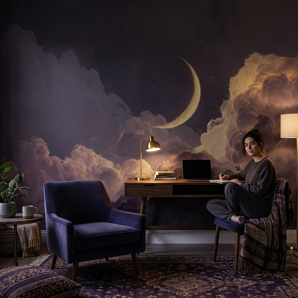 Dreamy Night Wallpaper Purple Removable Moon Wall Mural