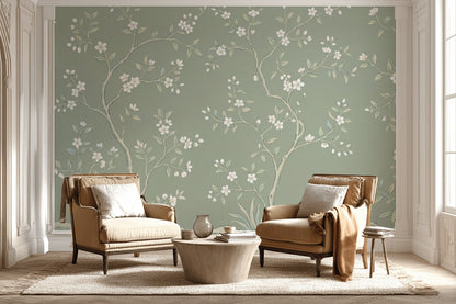 Muted Green Wallpaper Chinoiserie Floral Wall Mural