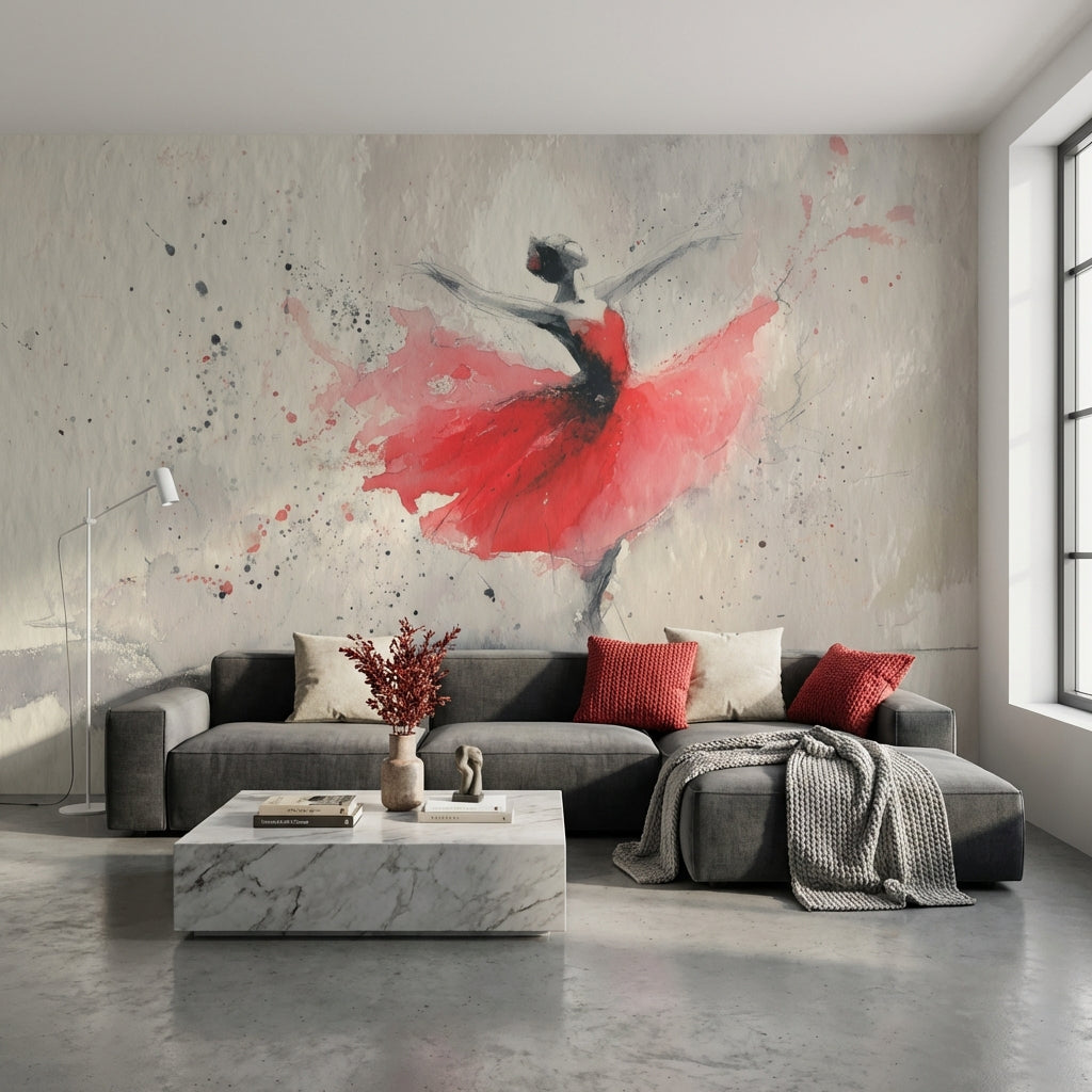 Ballerina Wallpaper Watercolor Red Dress Removable Wall Decor
