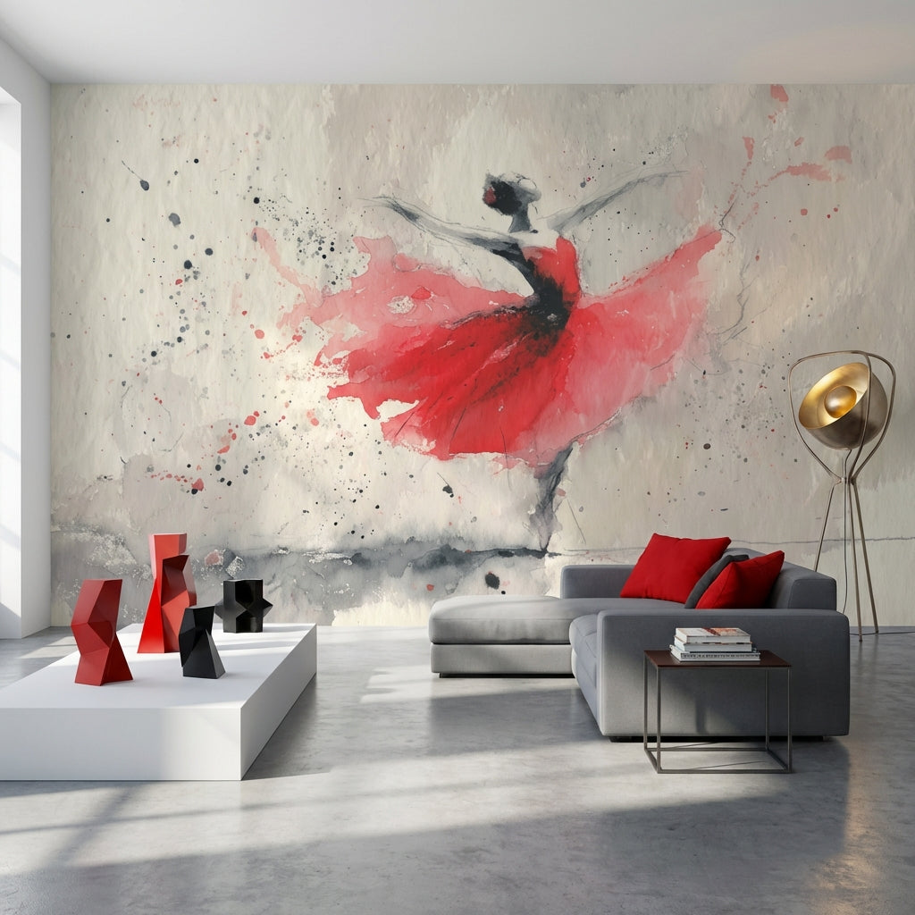 Ballerina Wallpaper Watercolor Red Dress Removable Wall Decor
