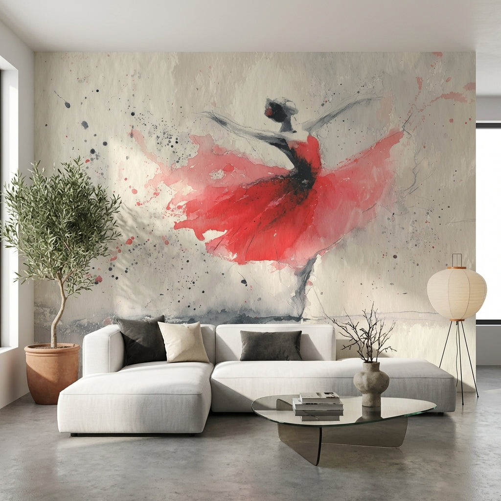 Ballerina Wallpaper Watercolor Red Dress Removable Wall Decor