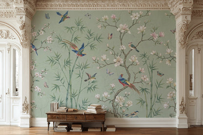 Floral Birds Wallpaper Bamboo Vintage Wall Mural
