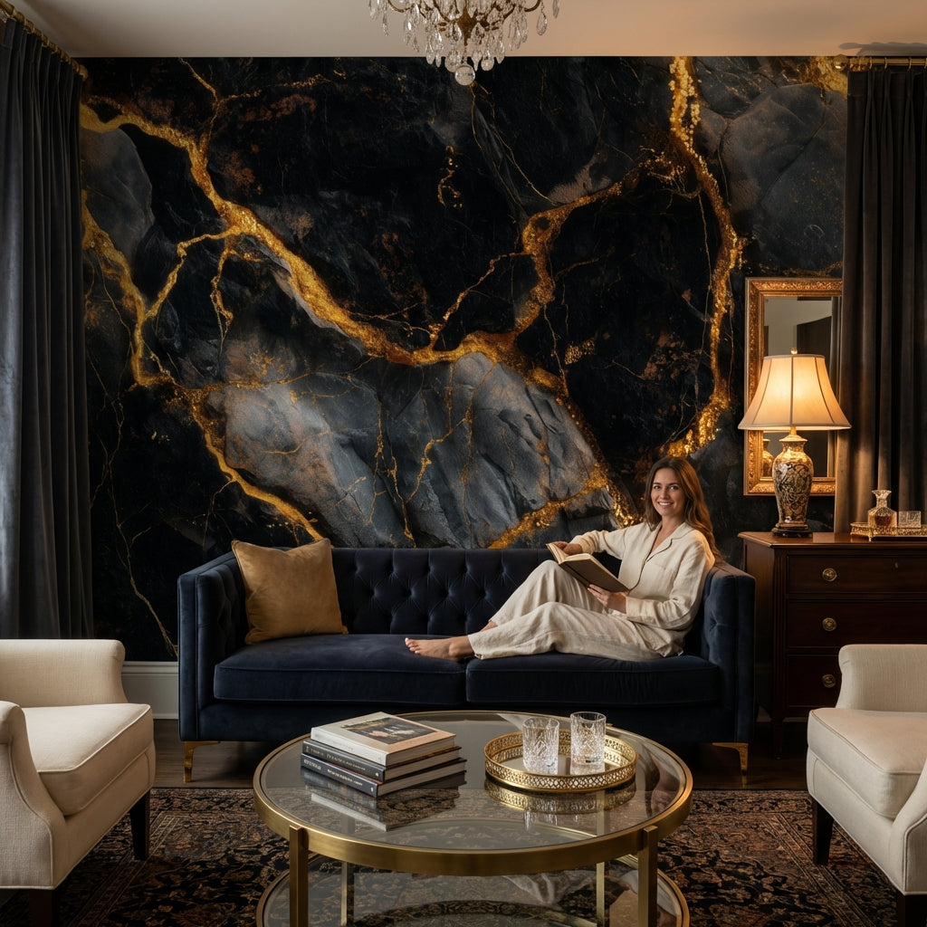 Marble Texture Wallpaper Black Golden Look  Removable Wall Decor