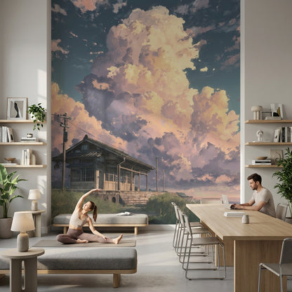 Coastal Landscape Wallpaper Clouds Wooden House Wall Mural
