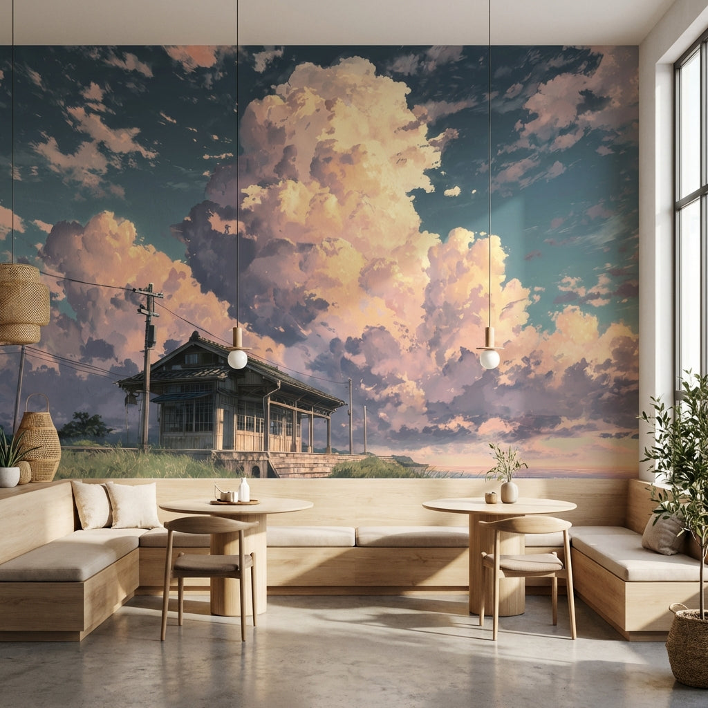 Coastal Landscape Wallpaper Clouds Wooden House Wall Mural