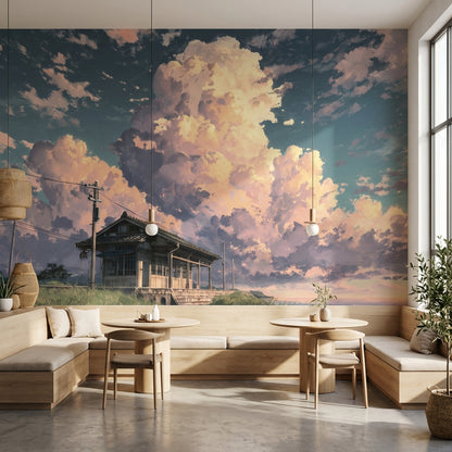 Coastal Landscape Wallpaper Clouds Wooden House Wall Mural
