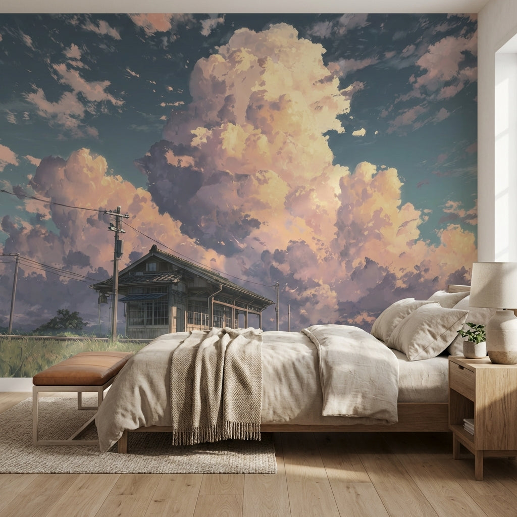 Coastal Landscape Wallpaper Clouds Wooden House Wall Mural