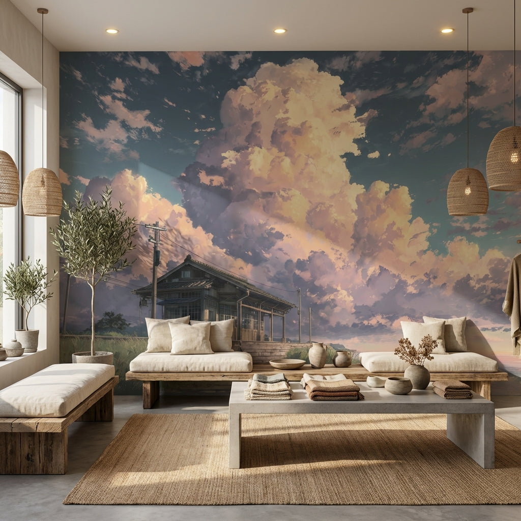Coastal Landscape Wallpaper Clouds Wooden House Wall Mural