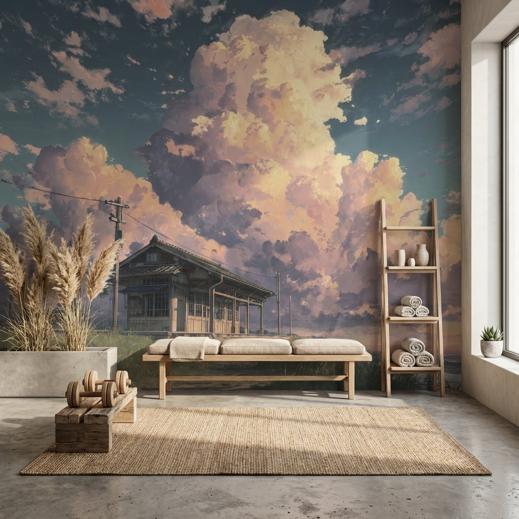 Coastal Landscape Wallpaper Clouds Wooden House Wall Mural