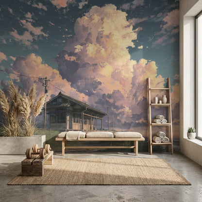 Coastal Landscape Wallpaper Clouds Wooden House Wall Mural
