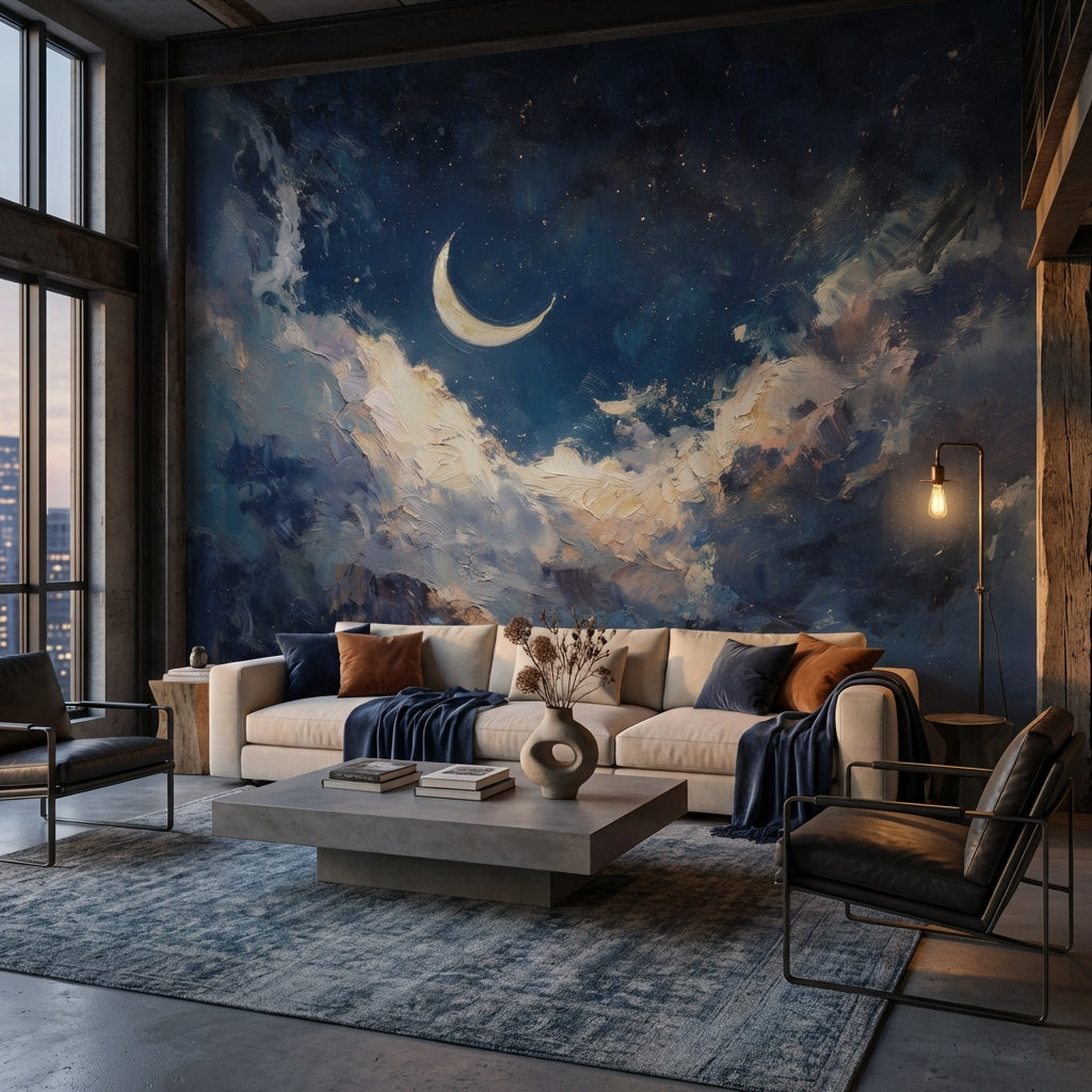 Night Sky Wallpaper Crescent Stars Removable Wall Decor