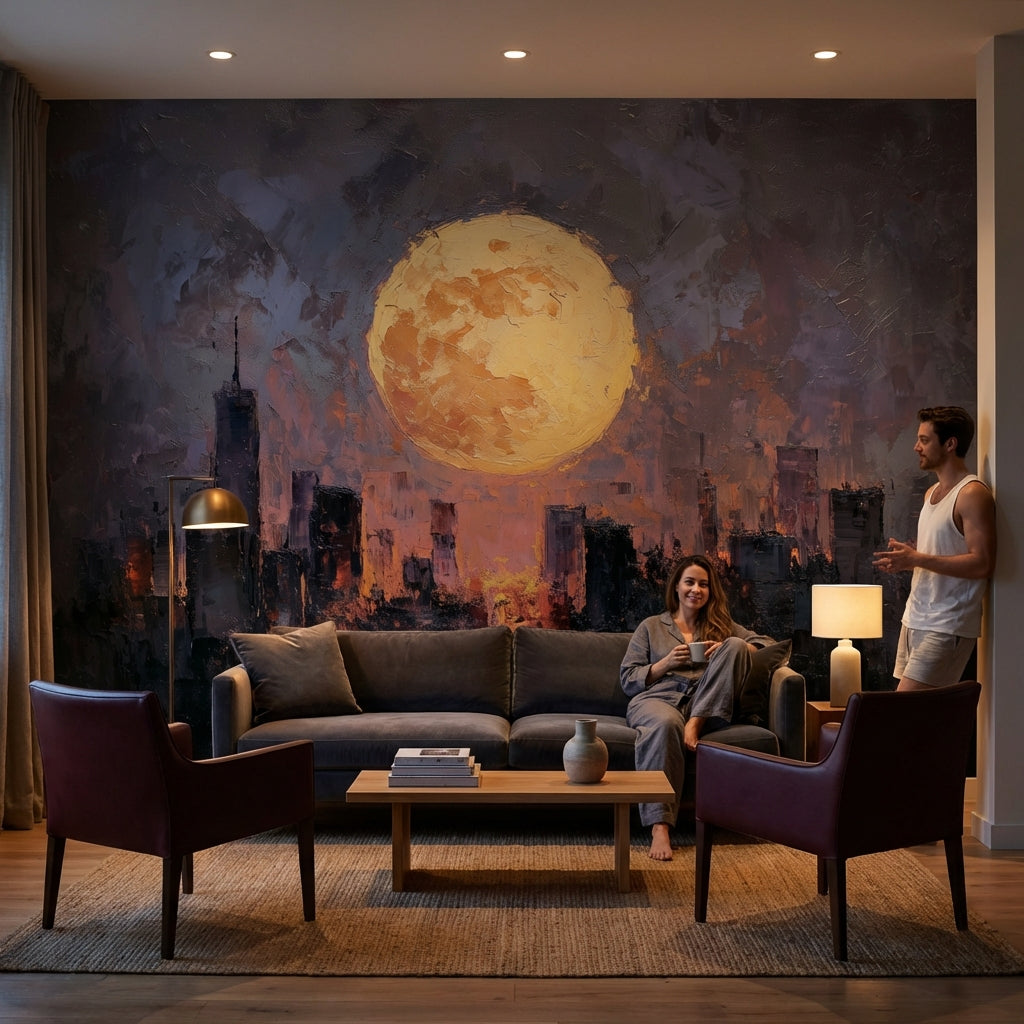 Cityscape Wallpaper Moon Removable Skyline Wall Mural