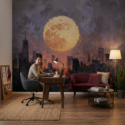 Cityscape Wallpaper Moon Removable Skyline Wall Mural