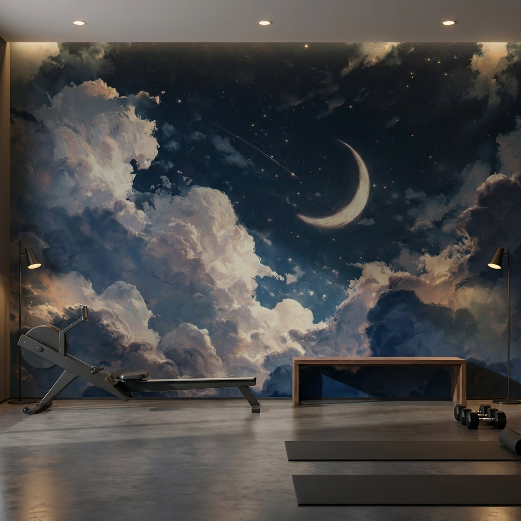 Night Sky Wallpaper Crescent Moon Removable Clouds Wall Mural