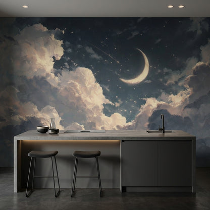 Night Sky Wallpaper Crescent Moon Removable Clouds Wall Mural