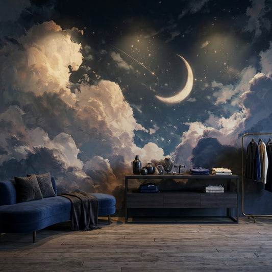Night Sky Wallpaper Crescent Moon Removable Clouds Wall Mural