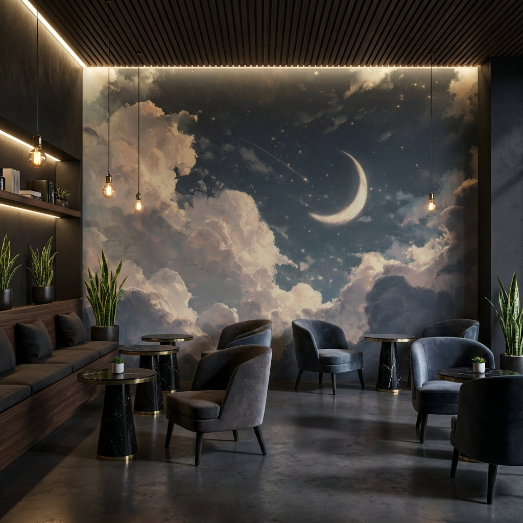 Night Sky Wallpaper Crescent Moon Removable Clouds Wall Mural