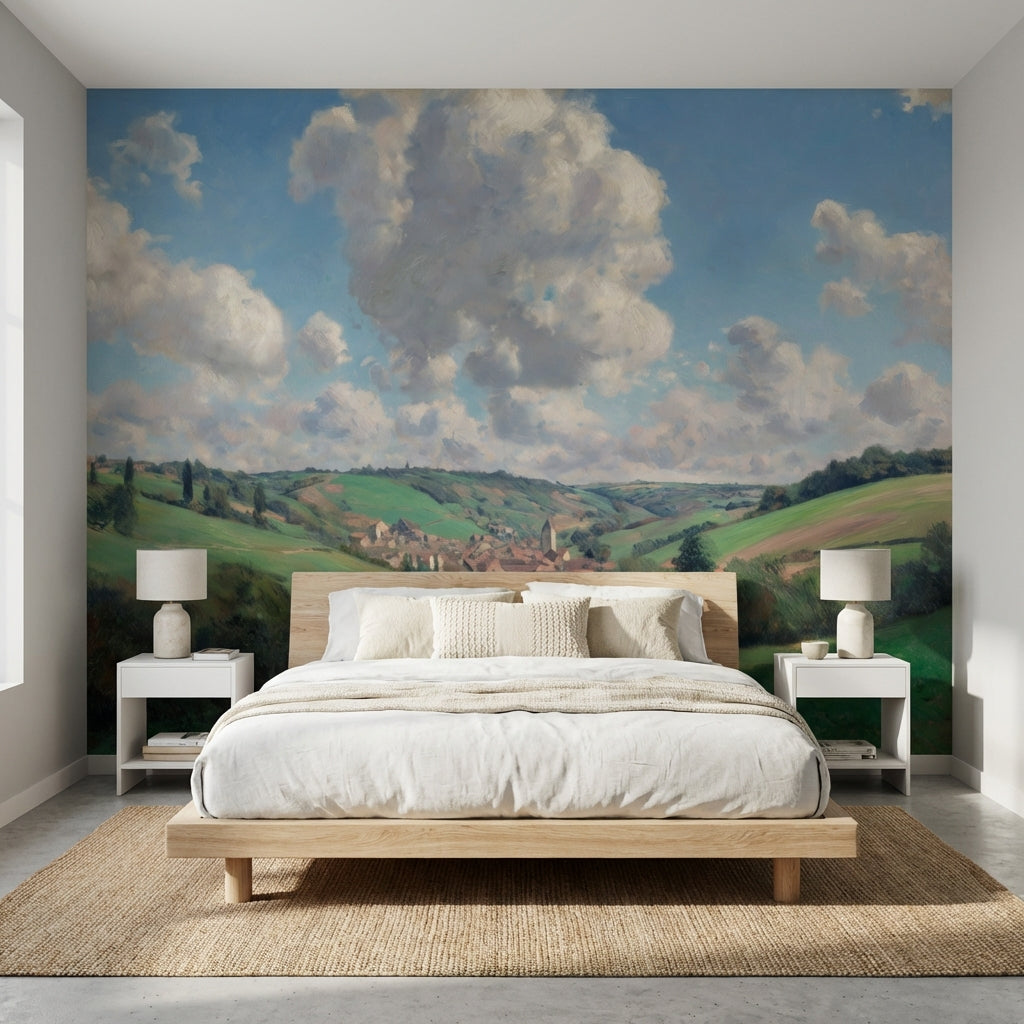 Pastoral Landscape Wallpaper Village Hills Removable Wall Decor