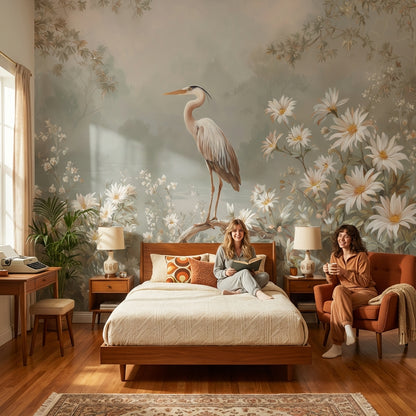 Heron Wallpaper Flowers Removable Nature Wall Mural