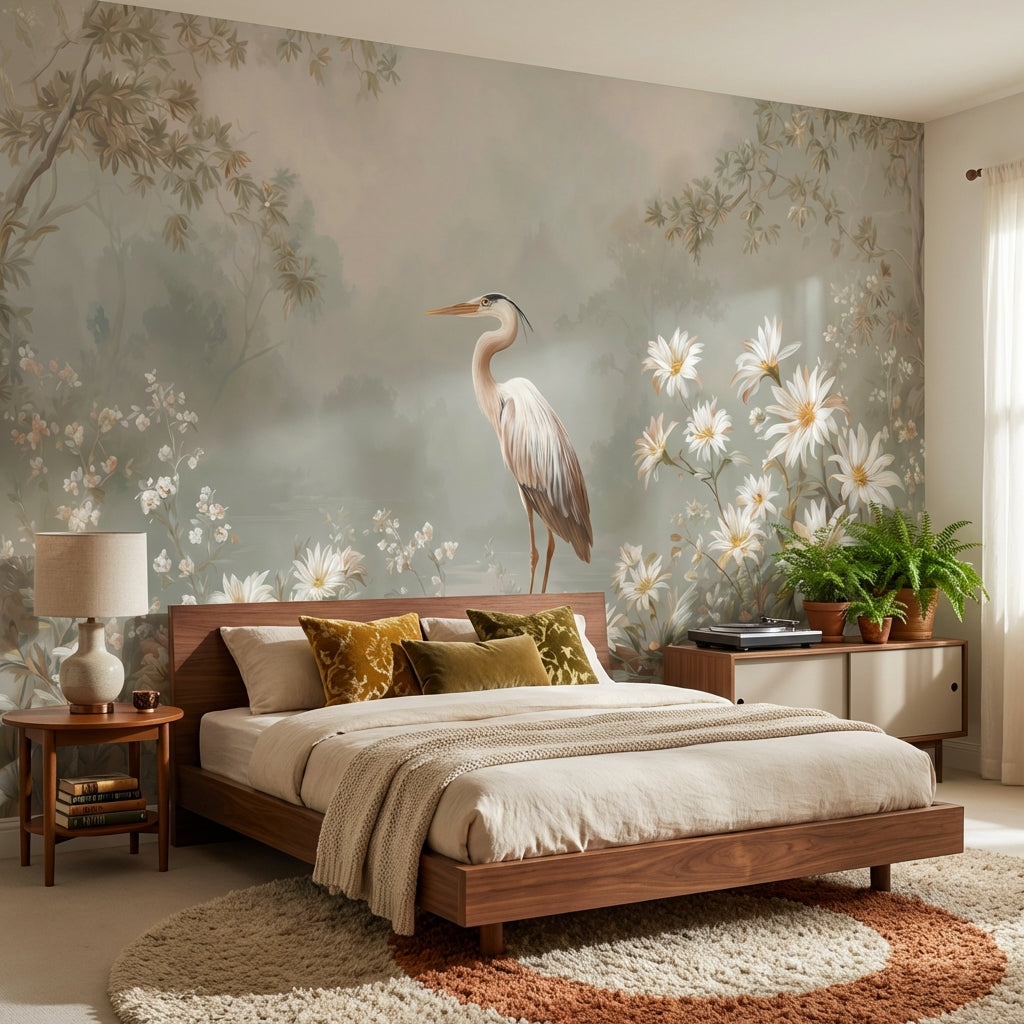 Heron Wallpaper Flowers Removable Nature Wall Mural