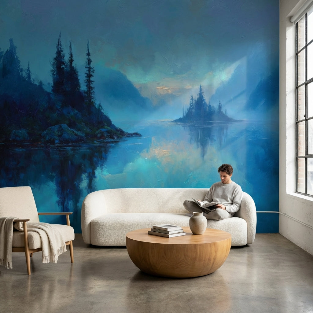 Misty Lake Wallpaper Trees Removable Reflection Wall Mural