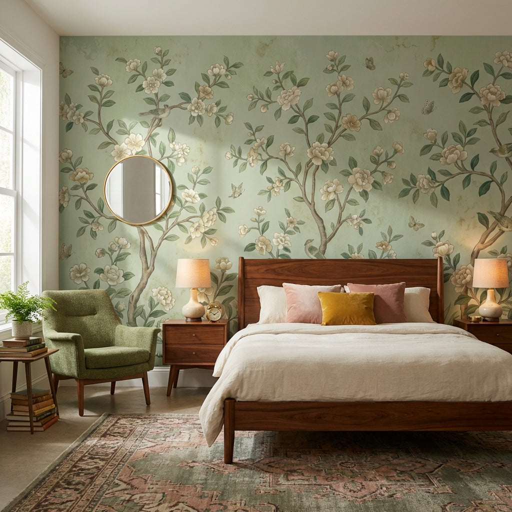 Muted Green Wallpaper Chinoiserie Floral Wall Mural