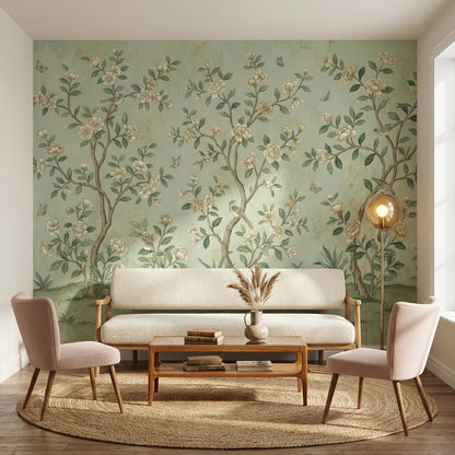 Muted Green Wallpaper Chinoiserie Floral Wall Mural