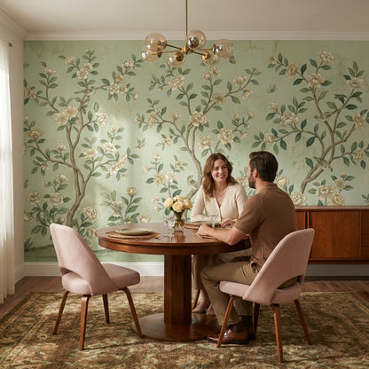 Muted Green Wallpaper Chinoiserie Floral Wall Mural