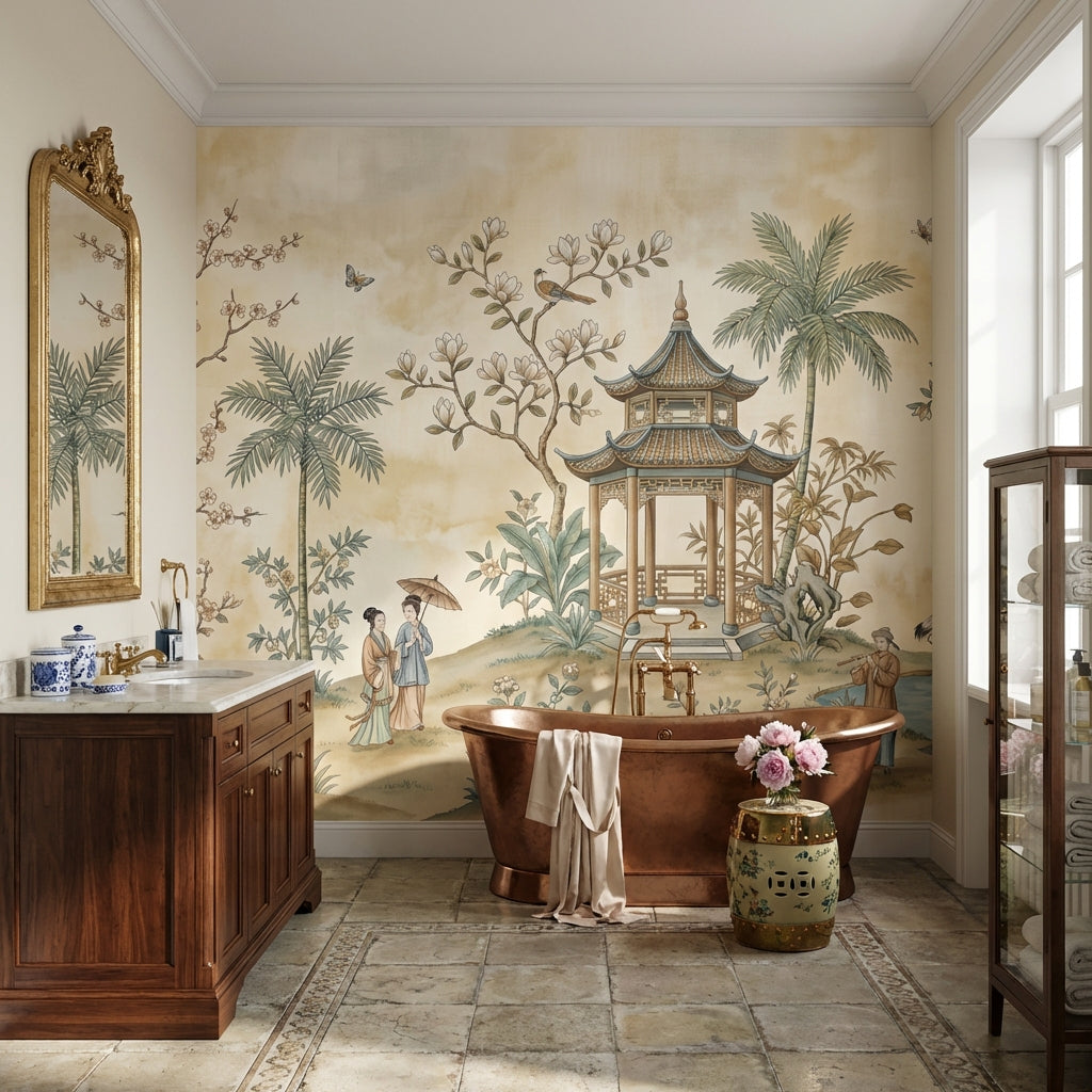 Traditional Landscape Wallpaper Vintage Asian-Inspired Wall Mural