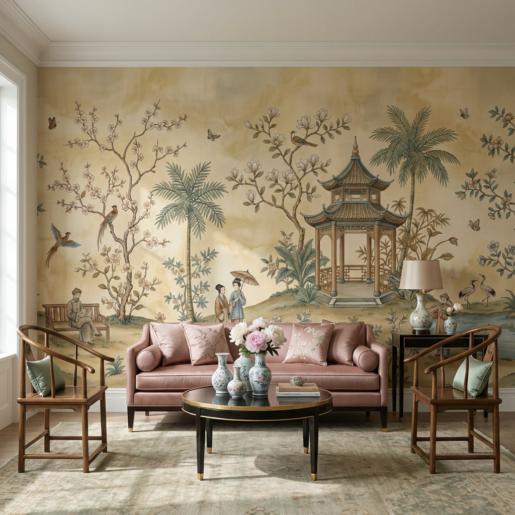 Traditional Landscape Wallpaper Vintage Asian-Inspired Wall Mural