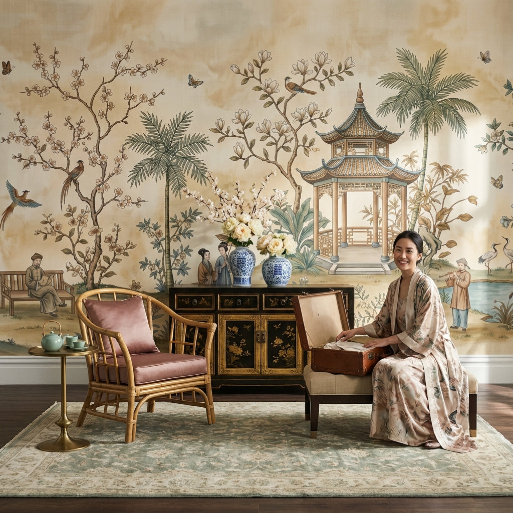 Traditional Landscape Wallpaper Vintage Asian-Inspired Wall Mural