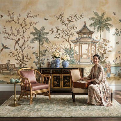 Traditional Landscape Wallpaper Vintage Asian-Inspired Wall Mural