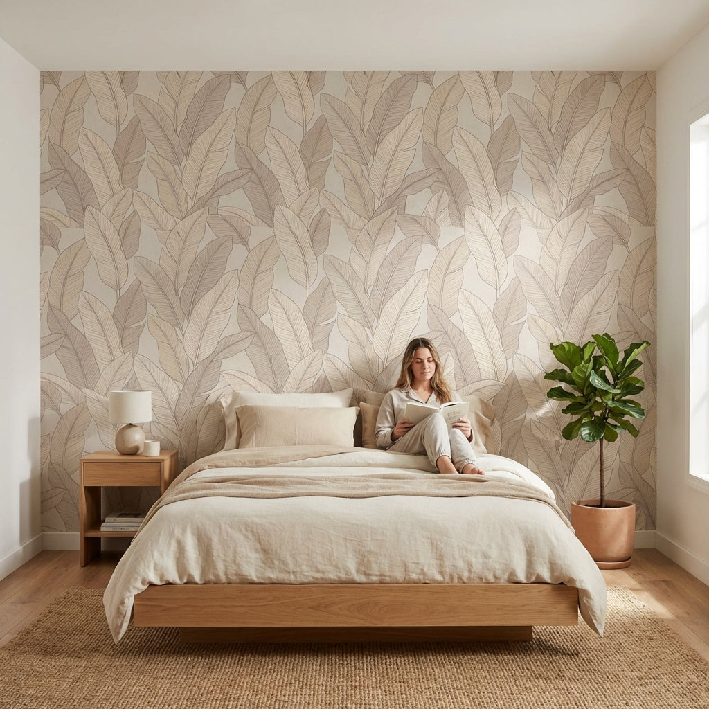 Beige Leaves Wallpaper Minimalist Modern Wall Decor