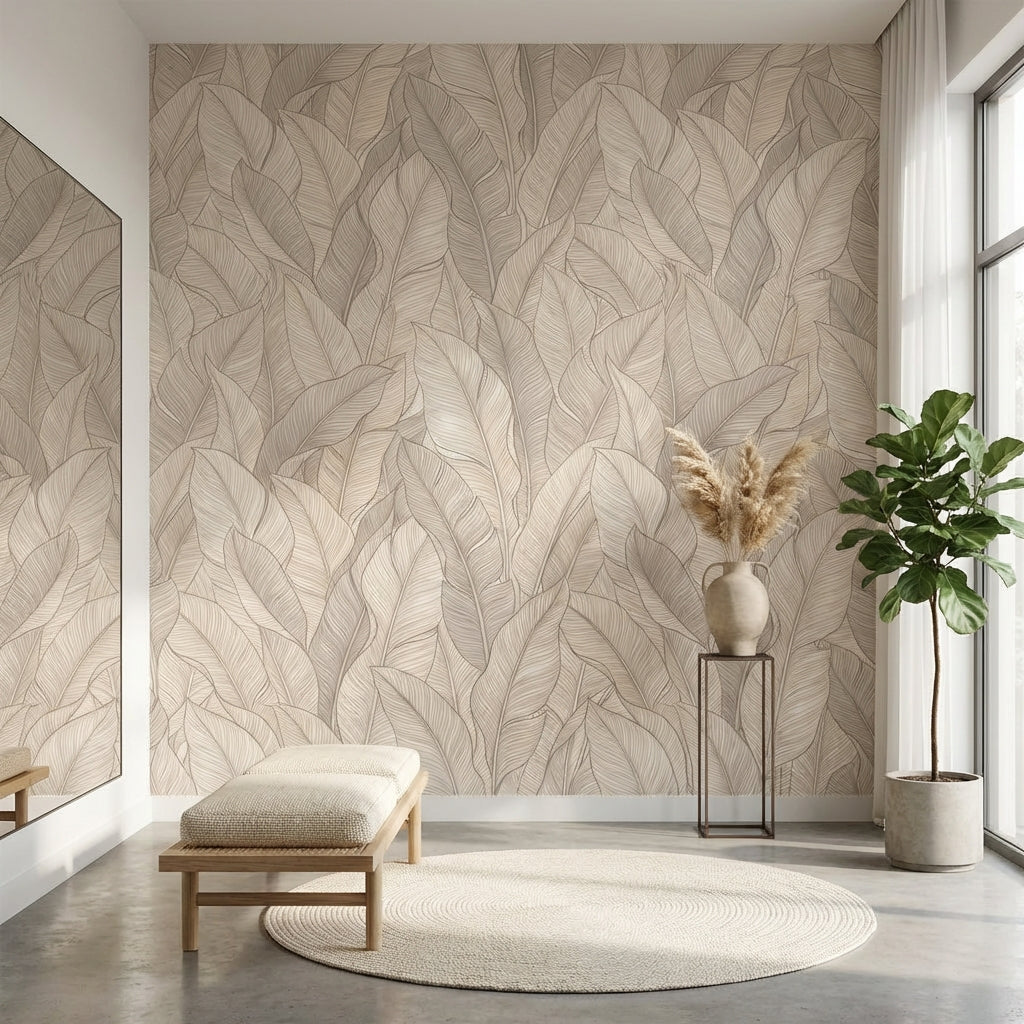 Leaves Wallpaper Beige Modern Wall Mural