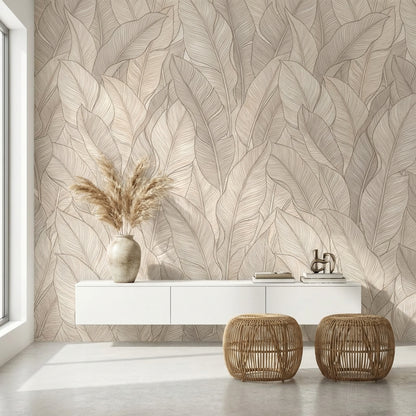 Leaves Wallpaper Beige Modern Wall Mural