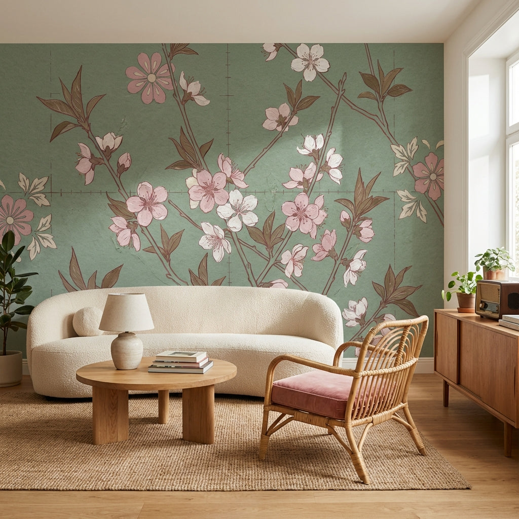 Muted Green Wallpaper Floral Vintage Wall Mural