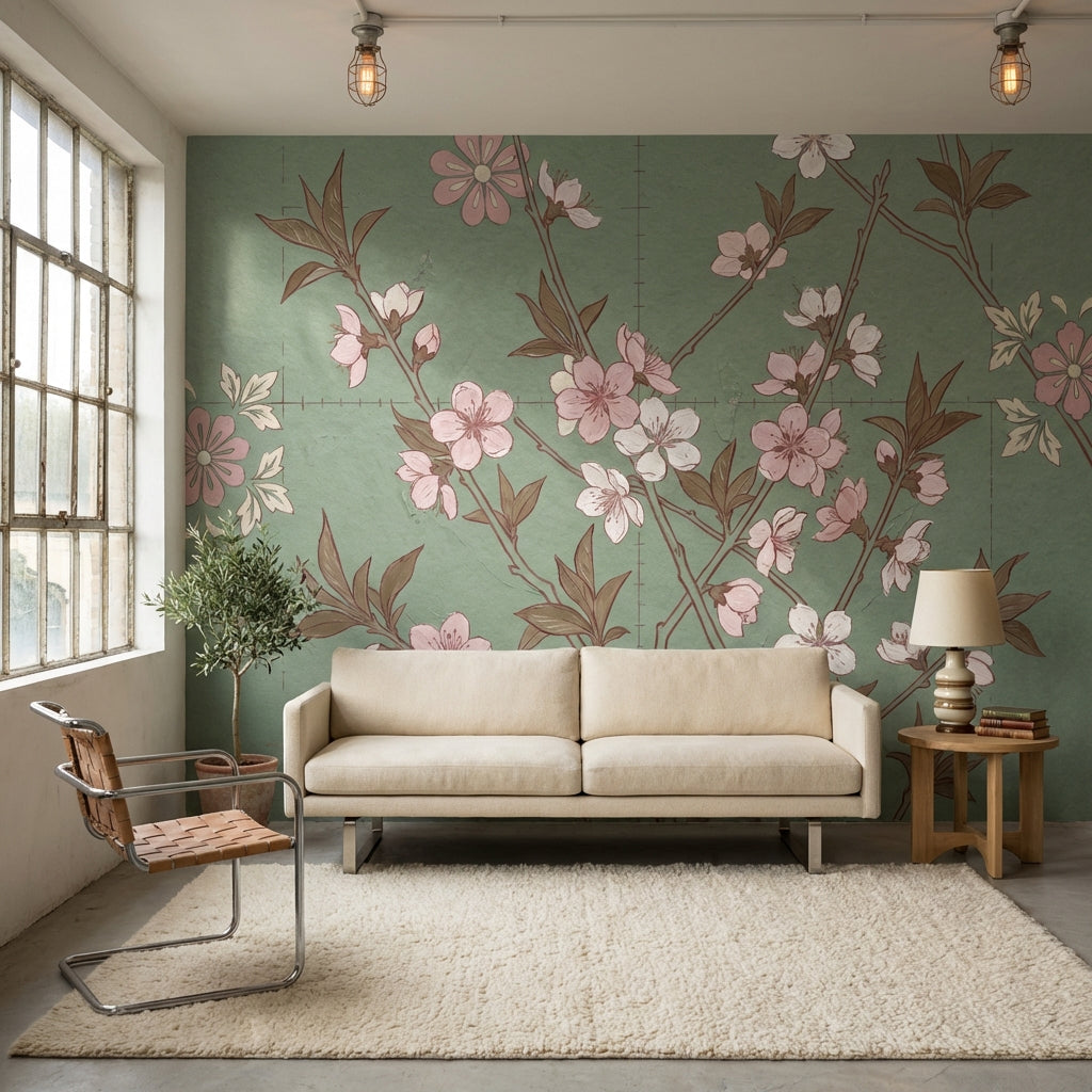 Muted Green Wallpaper Floral Vintage Wall Mural