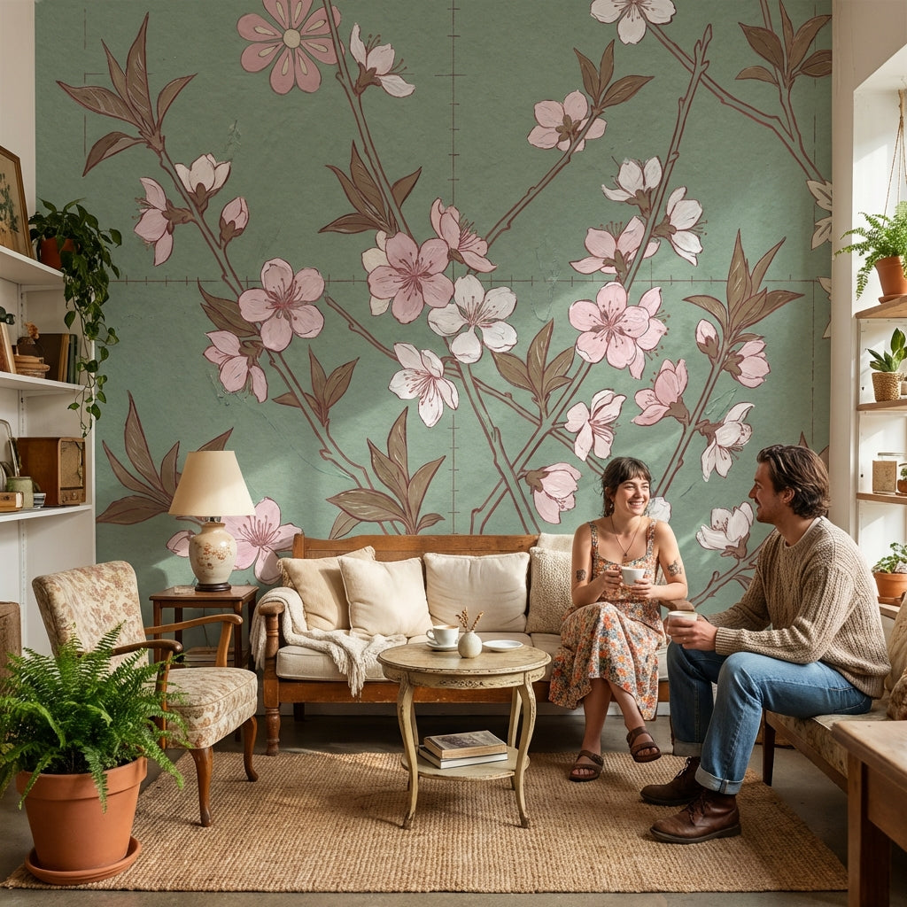 Muted Green Wallpaper Floral Vintage Wall Mural