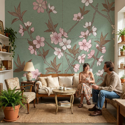 Muted Green Wallpaper Floral Vintage Wall Mural