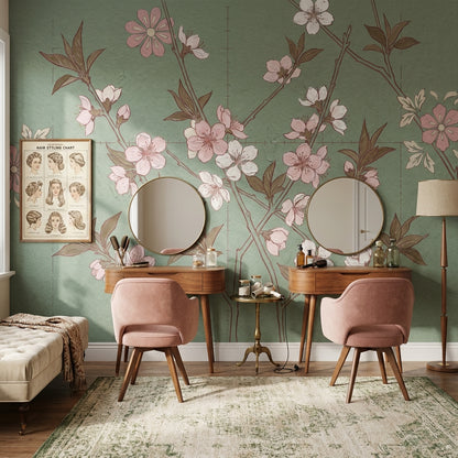 Muted Green Wallpaper Floral Vintage Wall Mural