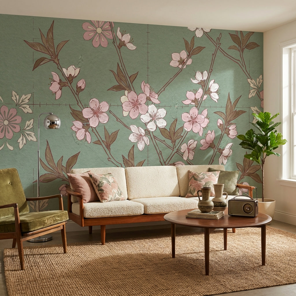 Muted Green Wallpaper Floral Vintage Wall Mural