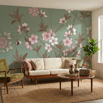 Muted Green Wallpaper Floral Vintage Wall Mural