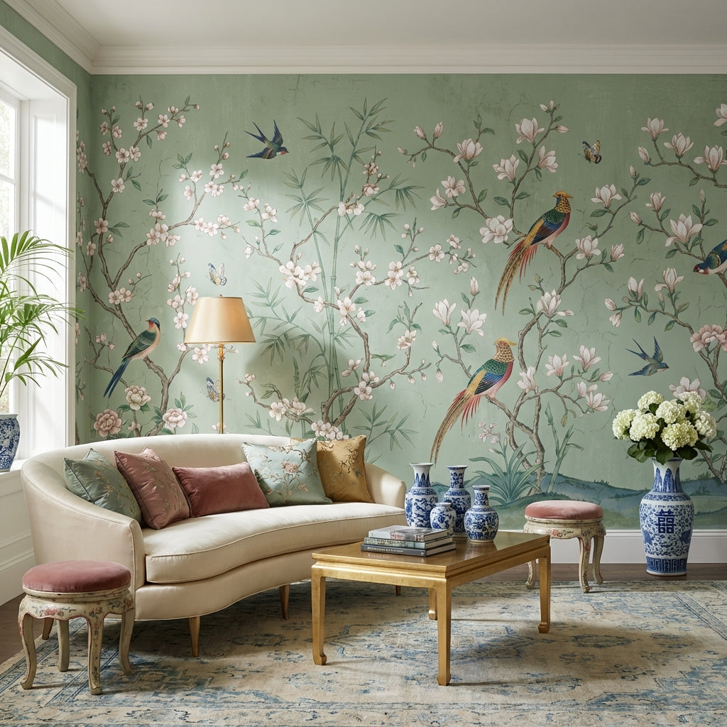 Floral Chinoiserie Wallpaper Birds Vintage Wall Mural