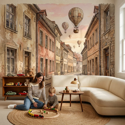 European Architecture Wallpaper Vintage Hot Air Balloons Wall Mural