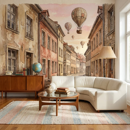 European Architecture Wallpaper Vintage Hot Air Balloons Wall Mural