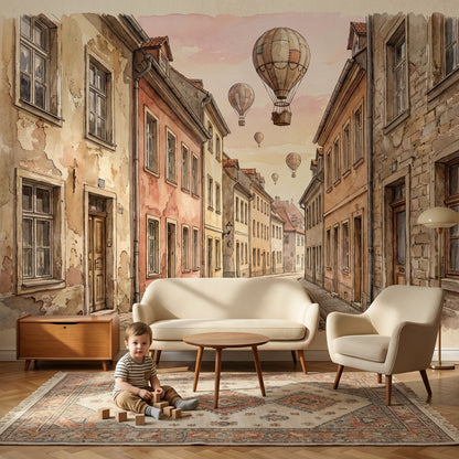 European Architecture Wallpaper Vintage Hot Air Balloons Wall Mural