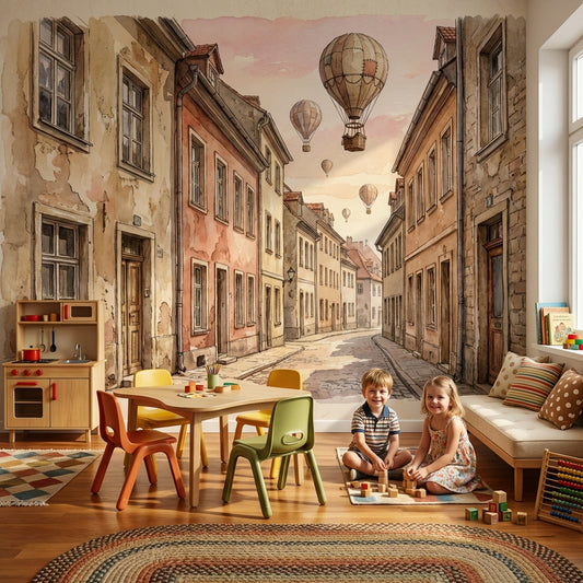 European Architecture Wallpaper Vintage Hot Air Balloons Wall Mural