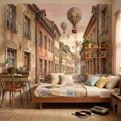 European Architecture Wallpaper Vintage Hot Air Balloons Wall Mural