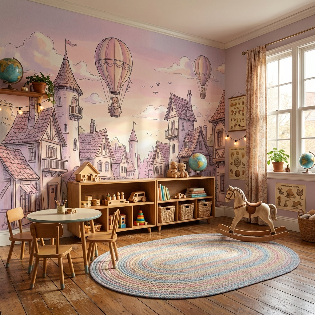 Vintage Village Wallpaper Whimsical Pastel Wall Mural