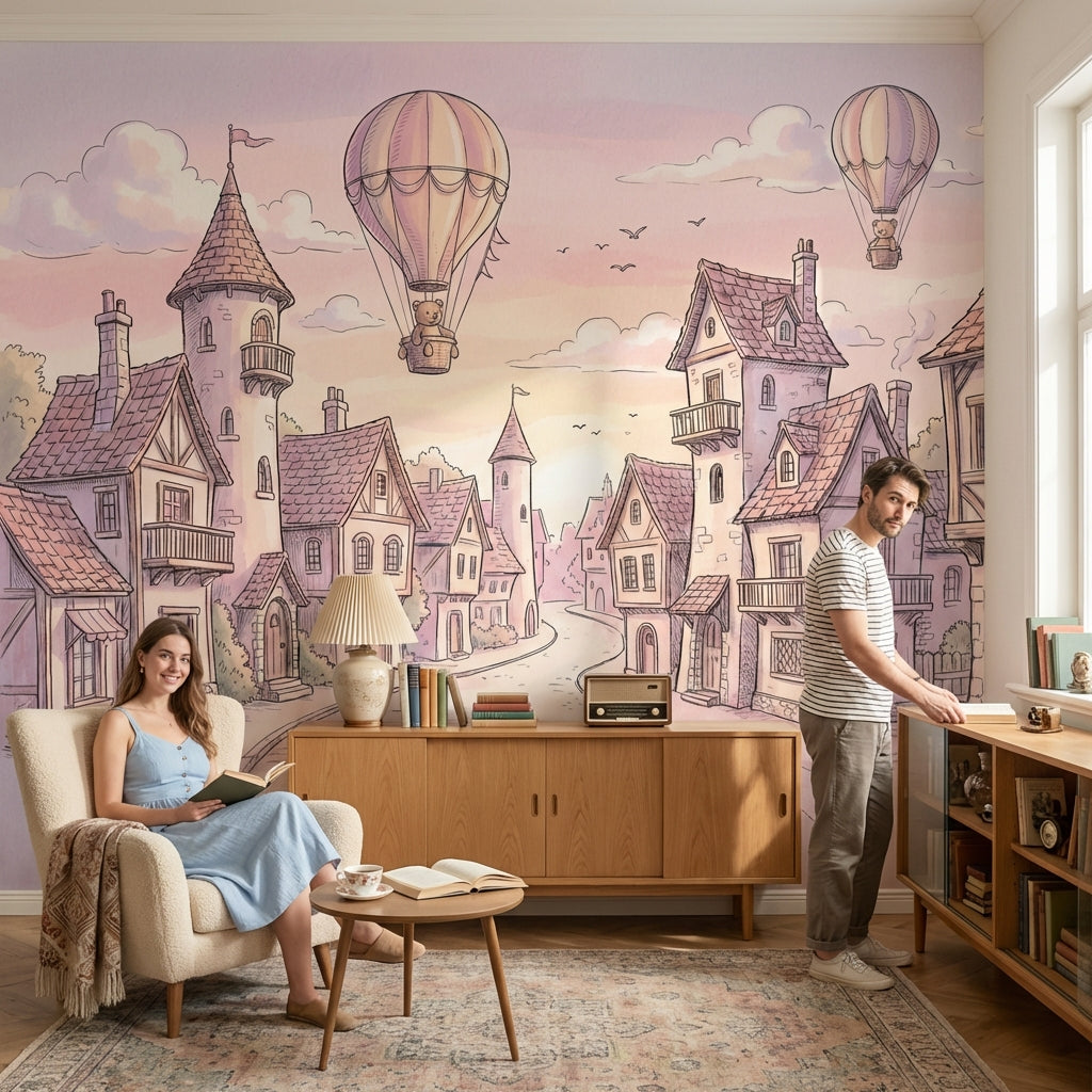 Vintage Village Wallpaper Whimsical Pastel Wall Mural